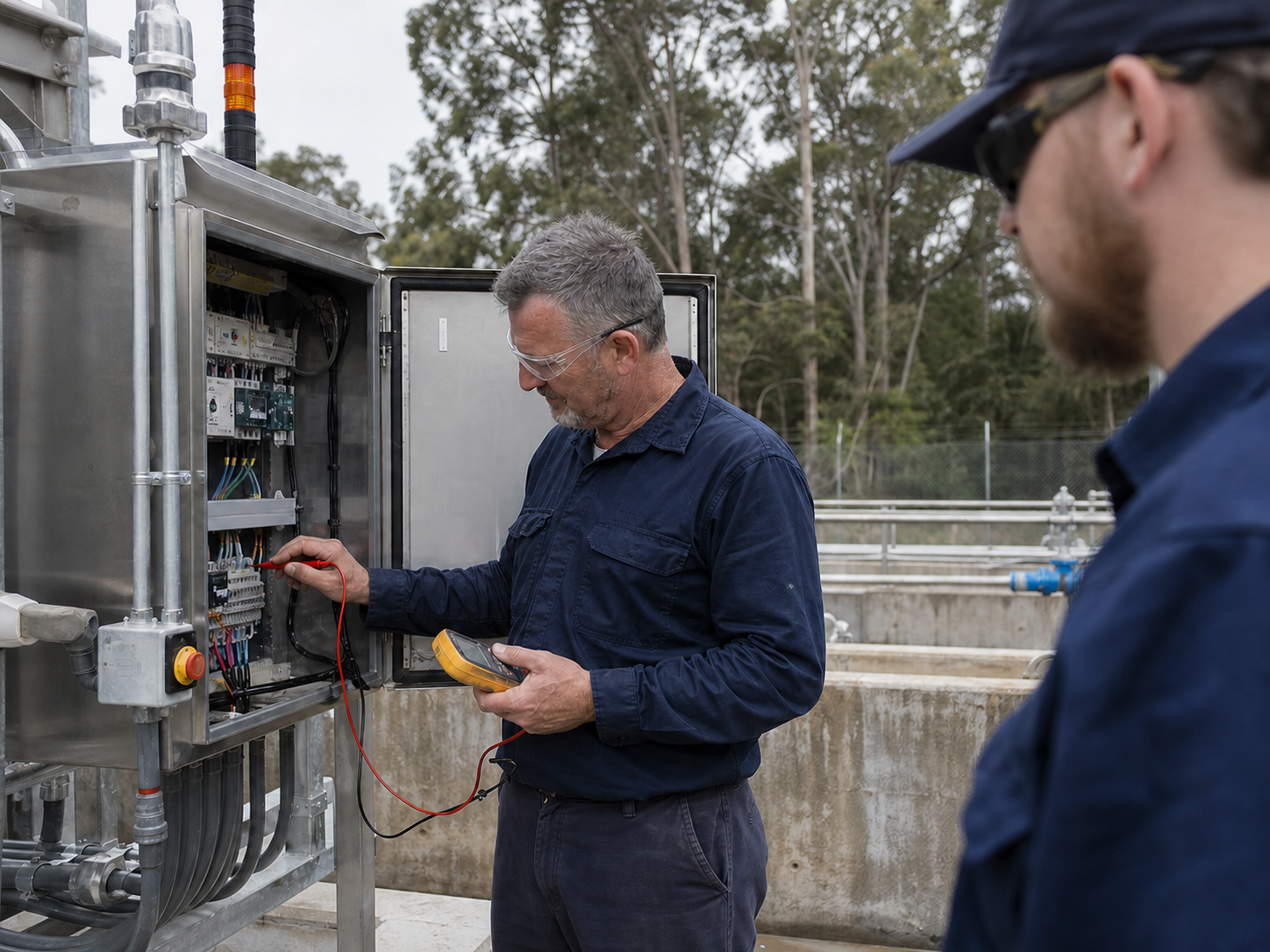 Technician testing an electrical control cabinet at a water facility
