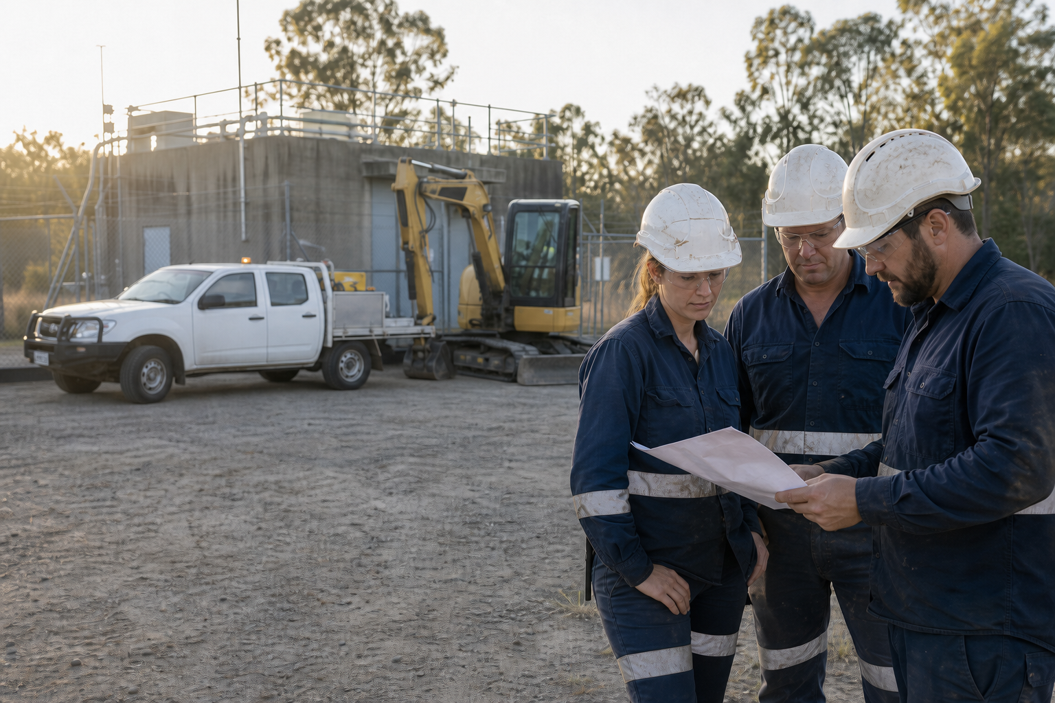 Civil maintenance crew reviewing site plans at a Queensland pump station