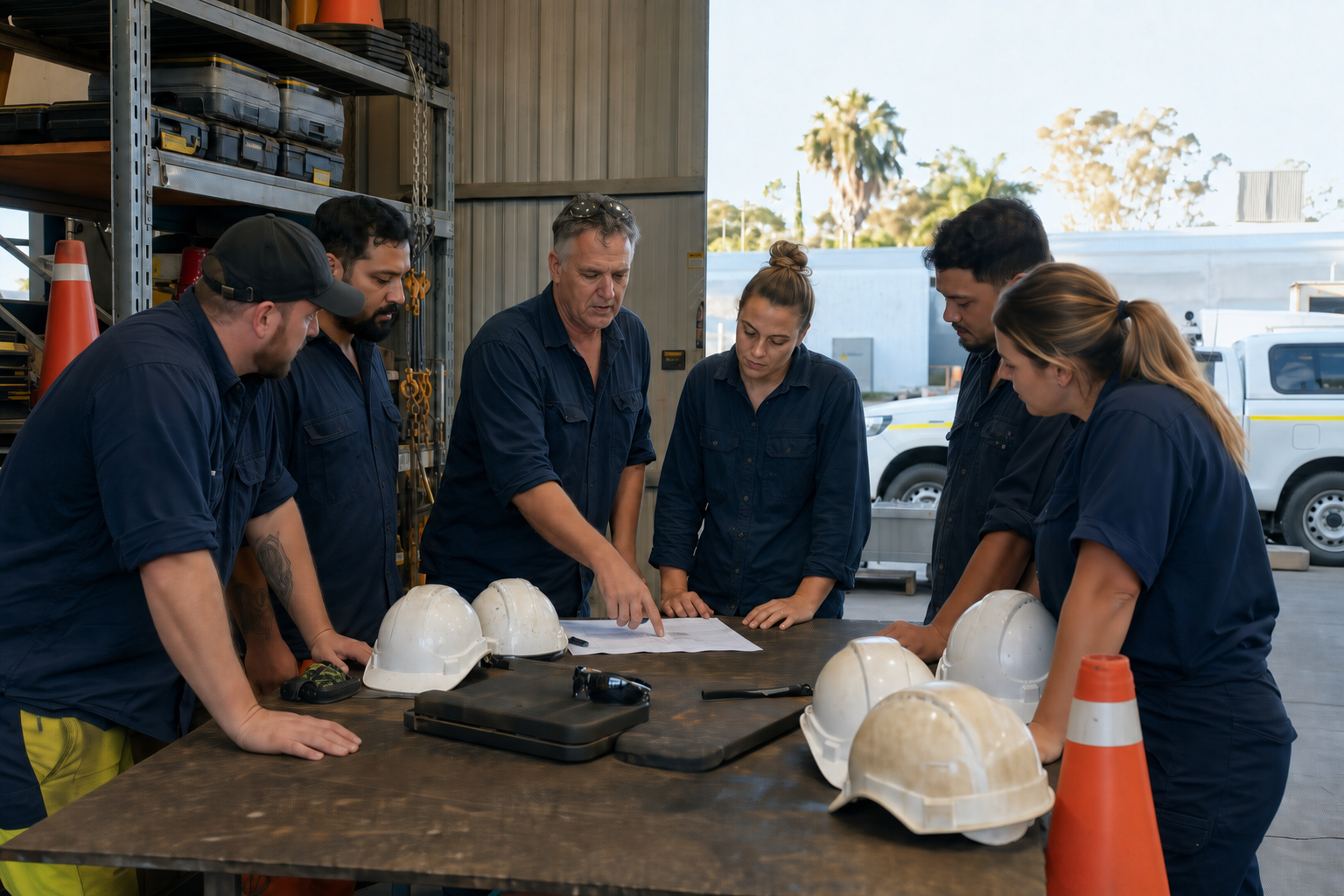 Longneck Group crew gathered around a workbench for a morning pre-start meeting